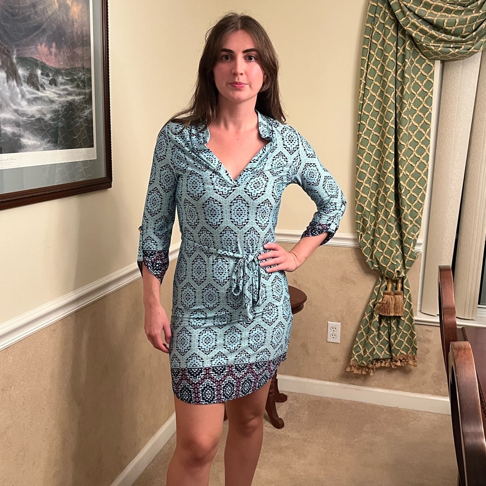 Pinkblush 3/4 sleeve sheath mini dress, pale aqua, aztec geometric pattern,small